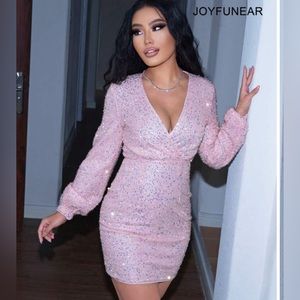 Joyfunear Surplice Neck Lantern Sleeve Sequin Bodycon Dress